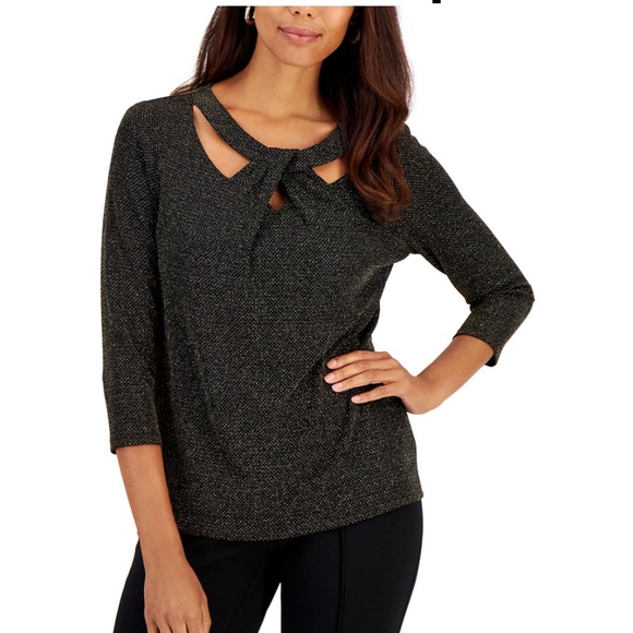 NWT Kasper Metallic Shimmer Black & Gold Petite Twist Neck Knit Top Size Med PM - Picture 11 of 15